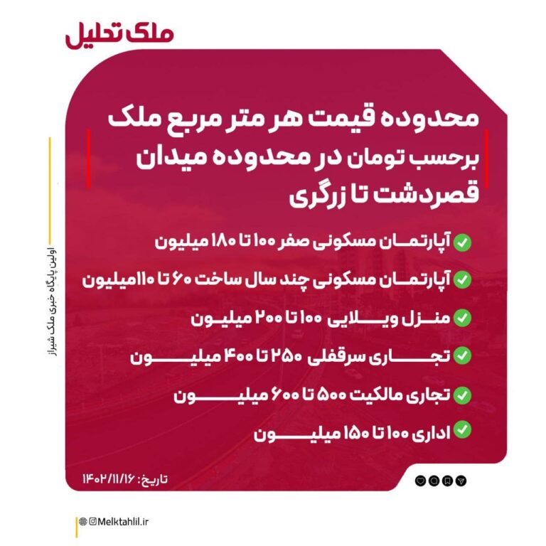 قیمت محدوده میدان قصرالدشت تا زرگری شیراز